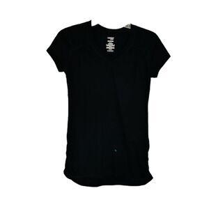 Danskin Now | Women’s Black Semi-Fitted V Neck Short Sleeve T Shirt Shirring